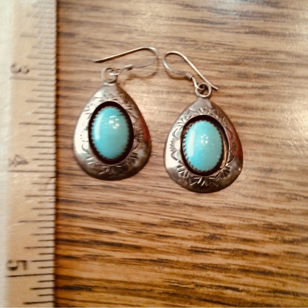 Native American Teddy Goodluck Navajo Vintage Turquoise 12 Kt Gold Earrings - Picture 6 of 10